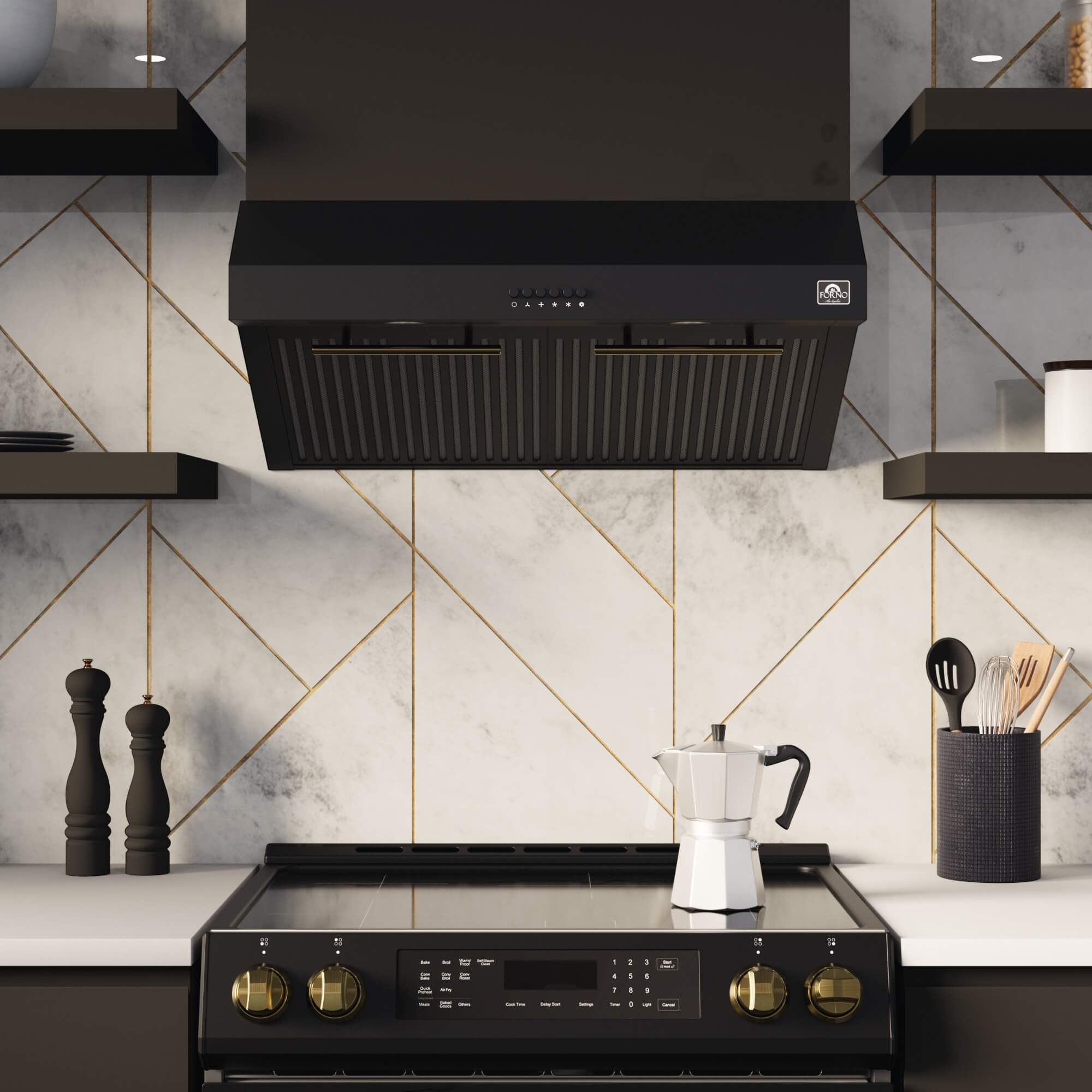 Forno -Bari Espresso 30″ Under Cabinet in Black Range Hood, with additional Brass Filter Handles