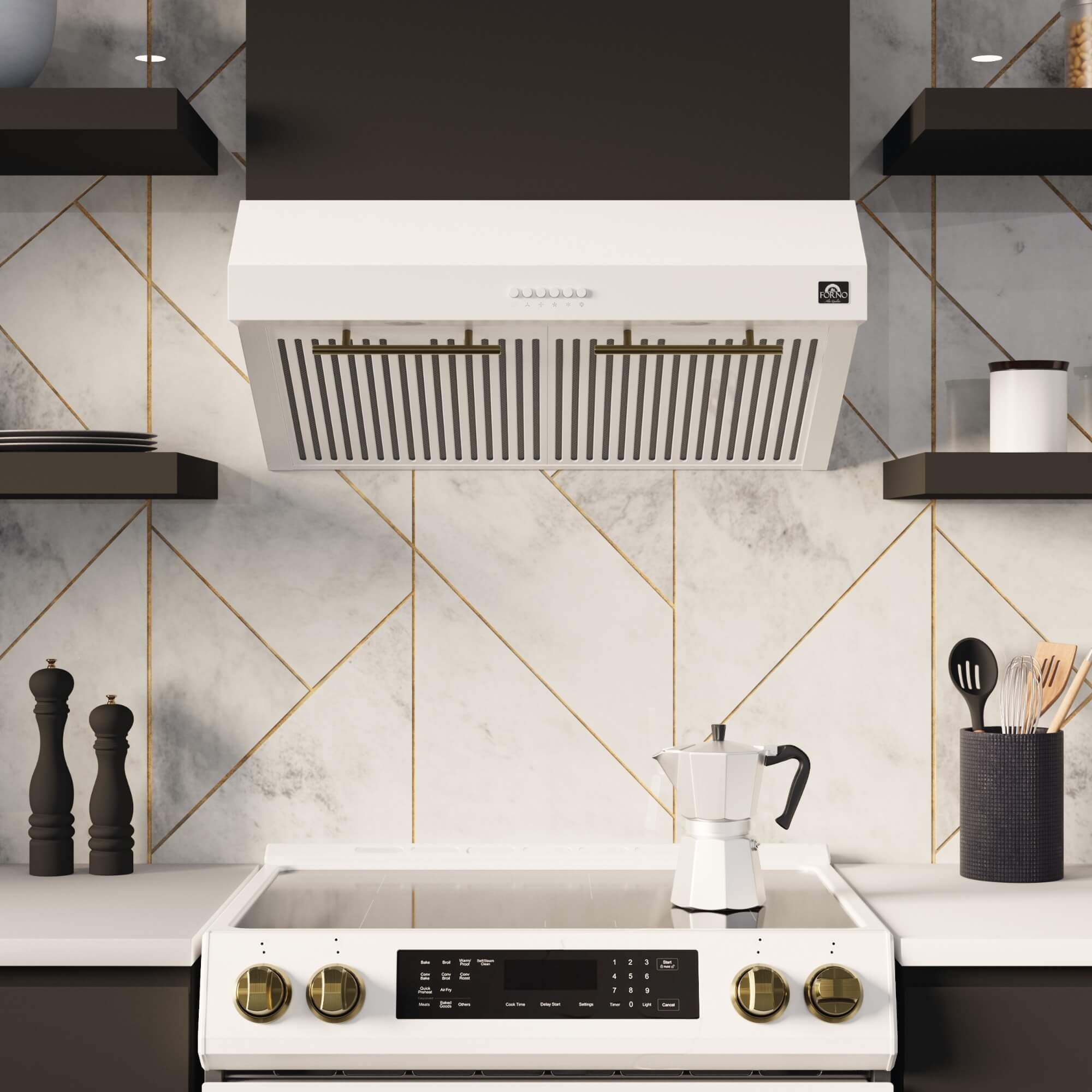 Forno – Bari Espresso 30″ Under Cabinet in White 400CFM Range Hood, with additional Brass Filter Handles